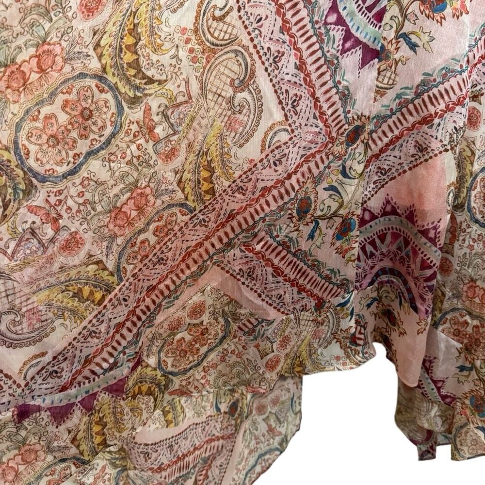 Guess Blush Pink Paisley Floral Lace Trim Handkerchief Hem Midi Boho Dress L - Picture 3 of 8